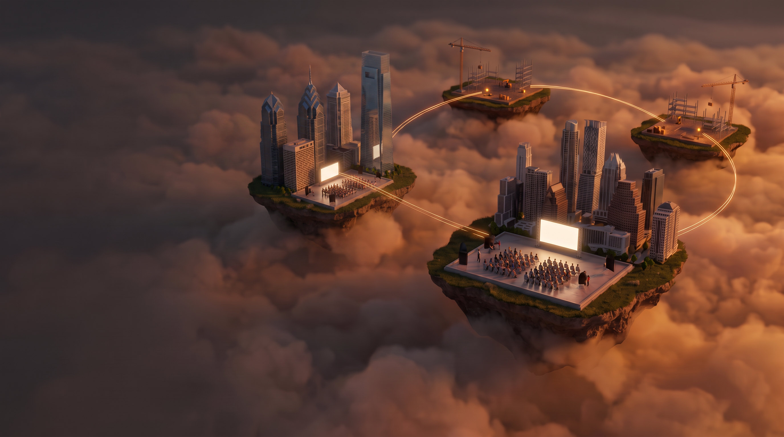Miniature floating islands above the clouds at dusk: a Texas skyline and a Philadelphia skyline, each with a live event, linked by paths of light to two islands still under construction